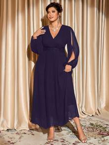 Cravure Elegant Commute & Party Casual V-Neck Long Sleeve Maxi Dress, Comfortable Fabric, Versatile & Fashionable, Plus Size, Spring/Summer/Autumn - Purple - View 5