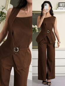 Modelyn Conjunto de traje de oficina elegante con chaleco de cuello asimétrico y pantalones de unicolor para mujer - Café integral - Ver 7