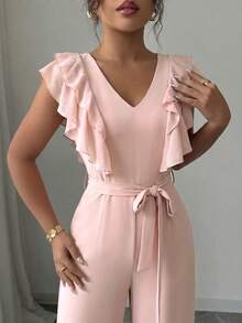 SHEIN Elenzya Mono elegante y sofisticado para mujer con volantes en la cintura, sin mangas y de estilo romántico - Rosa coral - Ver 4