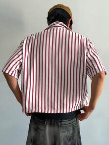 STEELVANCE 男士条纹纽扣领短袖衬衫，休闲翻领衬衫，适合上学、工作、街头穿着 - 紅色 - 查看 3