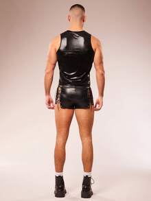 FeverCity Men's Street Fashion PU Lace-Up Shorts - Black - View 6