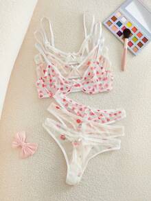 Bonmuse 3pcs/Set Women Solid Color, Heart & Flower Print, Bow Decor Underwire Bra Set, Comfortablefor Summerfor Summer - White - View 14