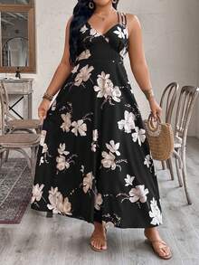 EMERY ROSE Women's Floral Criss-Cross Backless V-Neck Cinched Waist Slip Dress, Suitable For Beach, Date, Party, Spring/Summer Women Vacation Dress Backless Sundress Black Floral Dress Summer Maxi Dress Women Backless Summer Dress - Multicolor - View 5