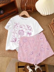 两件套可爱海洋生物、贝壳、蝴蝶结印花少女休闲短裤套装，适合夏季、夏日度假、休闲度假风，复古花卉、日落粉彩、轻松休闲。 - 彩色 - 查看 2