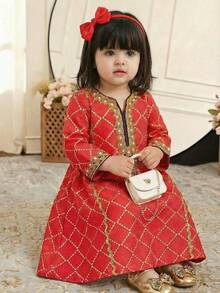 Baby Girl Loose Casual Minimalist Long Sleeve Pattern Long Dress - Multicolor - View 5