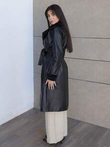 Hitanina Women's Casual Long Fluffy & PU Leather Splice Trench Coat, Autumn Fall Winter Cloth For Women - Black - View 2