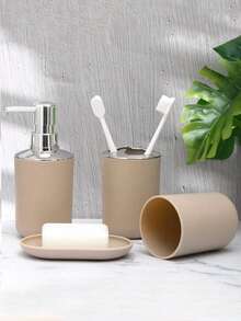 4pcs Beige Bathroom Kit Lotion Bottle+Toothbrush Holder+Mouthwash Cup+Soap Box (One For Each) - Multicolor - View 5