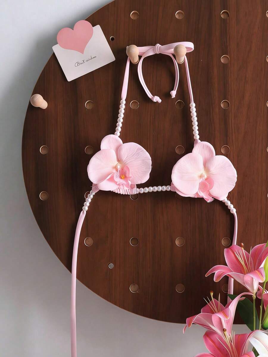 Swim Mod Women's Solid Color Beaded 3D Flower Decor Halter Tie Back Sexy Swimwear Top For Beach Vacation - Pink - View 1