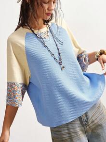 Bohemela 女士夏季休闲度假波西米亚乡村风撞色拼接圆领短袖宽松T恤 - 彩色 - 查看 5