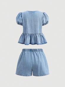 SHEIN 2pcs Teens Girl Casual Comfy Round Neck Puff Sleeve Bowknot Blouse & Shorts Denim Set,Girls Summer Two Pieces Outfits,Suitable For Spring And Summer Wear, Elegant And Holiday Wear,Spring Break Summer Beach Vacation Wear,Summer Short,White Short - Light Wash - View 2