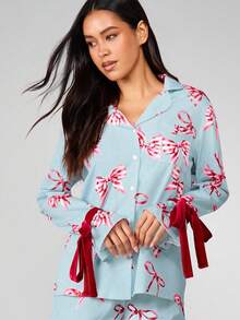 MISSGUIDED Bow Print Pajama Set Long Sleeve Button Up Top With Ruffle Shorts Holiday Sleepwear Lounge Set - Blue - View 5
