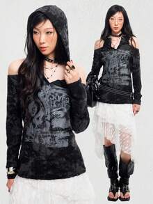 Bloopia Women's All-Over Print Hooded Neck Hollow Out Fashionable Long Sleeve Top - Grey - View 1