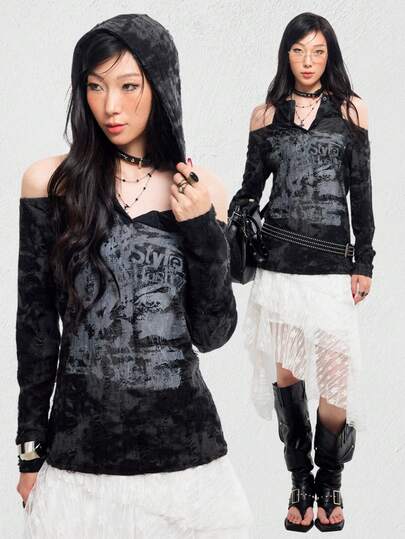 Bloopia Blusa de manga larga con capucha y diseño calado de estampado total de moda para mujer