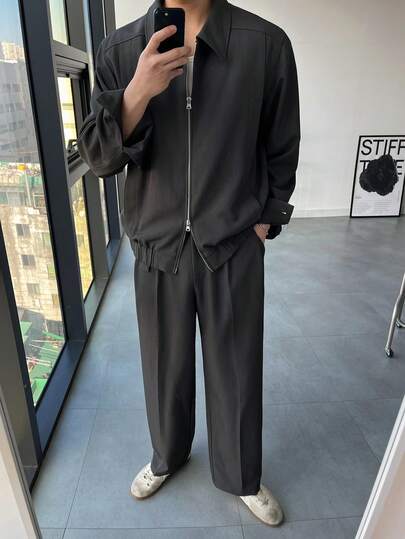 DAZY Men's Solid Color Zip Front Long Sleeve Jacket And Pants Casual Suit, Spring/Autumn