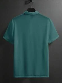 Manfinity Homme Áo Polo nam cỡ lớn màu trơn, cài khuy nửa thân, tay ngắn, kiểu dáng thường ngày, màu xanh lá cây, áo polo nam thoáng khí, áo polo nam màu xanh ngọc, áo polo nam có họa tiết, áo sơ mi nam có cổ - Màu xanh ngọc - Xem 2