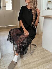 Easowa Áo thun nữ cổ tròn tay ngắn màu trơn dáng rộng phối ren, trang phục thời trang đi chơi và đi làm, 95% cotton, thoải mái, thích hợp cho ngày Valentine, phong cách thường ngày. - màu đen - Xem 8