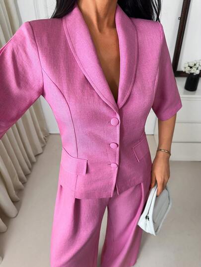 EURMUSE Women, Boho, Spring, Summer, Pink Short‑Sleeve Fake Linen Tailored Blazer, For Wedding Guest, Bridal Shower, Office & Evening, Spring/Summer Lightweight Crepe/Rayon Blend, Lined, Stretchy Comfortable Fit