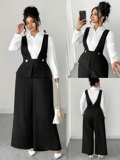 SHEIN PETITE CURVE 大码女士优雅连体裤，纽扣装饰，翻领西装设计，黑色直筒连体裤，适合毕业典礼、节日、情人节、音乐节、母亲节、万圣节、感恩节、复活节、国庆节、晚会、约会、派对、婚礼、户外活动等场合。