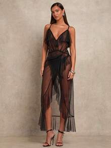 Glamine Women's Sexy Elegant Sheer Mesh Ruffle Trim Dress - Black - View 3