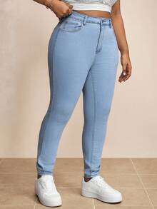 Truni Plus Size Women's Slim Fit Jeans, For Pear Triangle Body Shape - Light Wash - View 3