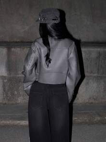 Fashion Zip Up Belted Crop Moto Jacket Fall Winter Cloth For Women - Grey - View 2