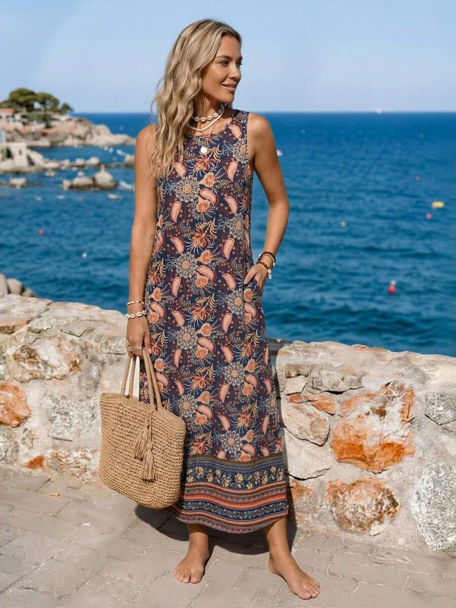 Sylviya 女士休闲佩斯利花卉印花口袋长连衣裙，无袖，日常、度假、春夏基本款 - 彩色 - 查看 1