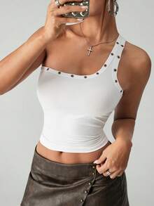 SHEIN ICON Áo kiểu lệch vai, trang trí khoen kim loại, phong cách thường ngày dành cho nữ. - trắng - Xem 5