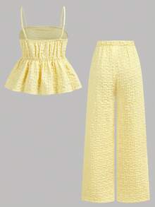 SHEIN Teen Girl Casual Vacation Spaghetti Strap Yellow Textured Print Camisole And Long Pants 2 Pieces Set - Yellow - View 2