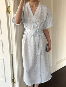 SHEIN Napfluff 女士夏季条纹樱桃印花系带裹身睡袍 - 藍白色 - 查看 6