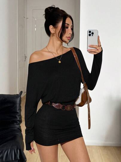SHEIN PETITE 女士秋季Y2K基础款日常休闲黑色针织不对称肩蝙蝠袖迷你连衣裙