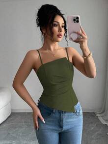 Selianne 1件女士优雅纯色褶皱设计不对称下摆吊带衫 - 軍綠色 - 查看 3