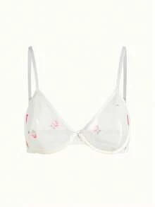 Bonmuse 3pcs/Set Women Solid Color, Heart & Flower Print, Bow Decor Underwire Bra Set, Comfortablefor Summerfor Summer - White - View 9