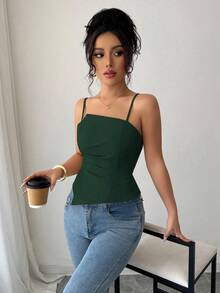 Elenzga Áo tank top nữ thiết kế xếp ly thanh lịch và dễ thương - màu xanh lá - Xem 4