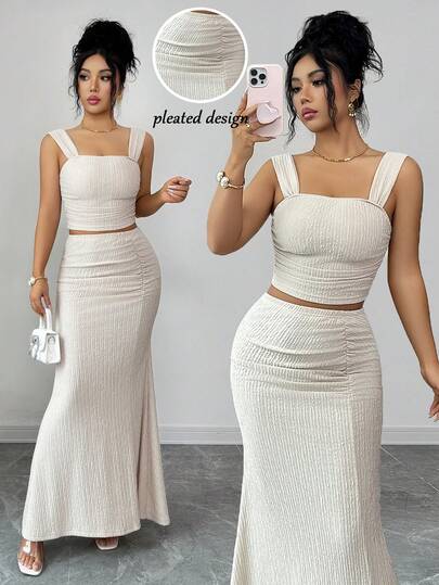 Elenzga Elegant Women's 2-Piece Set: Sleeveless Pleated Top & Skirt, Textured Fabric, Casual/Resort Wear, Spring/Summer