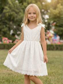 SHEIN Elladie kids 1pc Girls' White Hollow Embroidered Floral Lace Bow Tie Camisole Dress, Elastic Waist Ruffle Hem, Simple Chic Casual Vacation Style - White - View 1