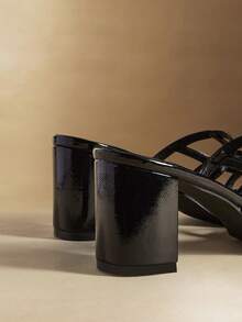Rosivie Women's Square Toe Thick Heel Black PU Glossy Material Criss-Cross Strap Design Fashion Comfortable Daily Party Occasion Open Heel Slip-On Solid Color Sandals Summer Shoes - Black - View 4