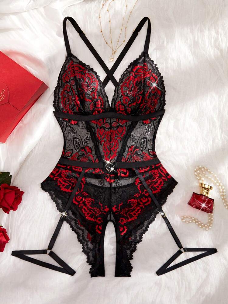 SHEIN 2pcs Women Lace Sexy Bodysuits (Wireless/Garters) For Going Out - Multicolor - View 3