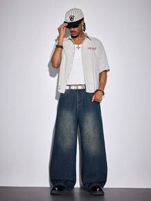 ROMWE MEN Goth Spring Casual Graphic Men'S Cross Embroidered Pocket Wide Leg Loose Casual Jeans - Blue - View 2