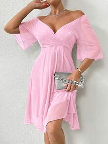 Rafferiza Mesh Embossed Ruffle Sleeve Waist Cinched Mini Dress - Pink - View 1