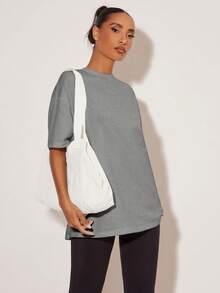 SHEIN BASICS 女款素色寬鬆落肩短袖休閒舒適T恤夏季上衣 - 灰色 - 查看 4