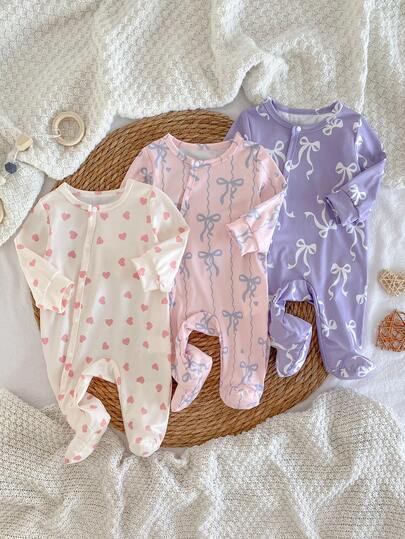 3pcs Newborn Infant Cute Heart & Bow Graphic Long Sleeve Romper Set, Stylish & Sweet Home Outfit