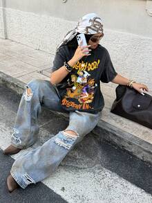 SCOOBY-DOO X SHEIN 大码字母与人物图案圆领短袖T恤 - 黑色 - 查看 5