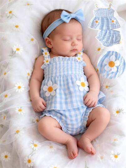 Newborn Baby Girl Blue And White Checkered Flower Embroidered Camisole Top Paired With Triangular Shorts 2-Piece Set Cute Little Clear New Style Suitable For Outdoor Photography Vacation