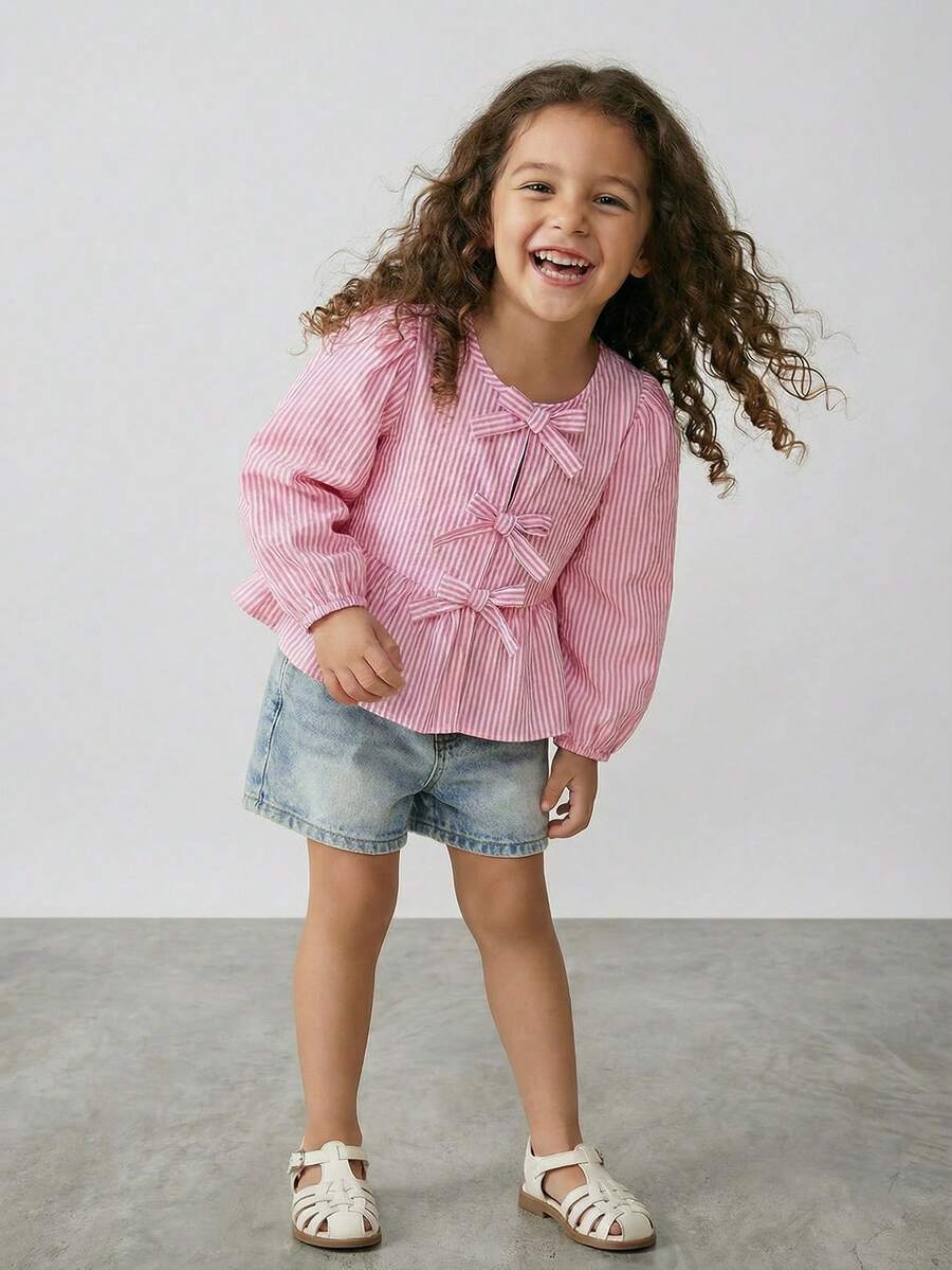 Maija Kids Maija Kids 年轻女孩编织条纹宽松袖休闲衬衫 - 粉色 - 查看 1