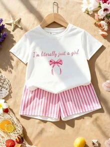 SHEIN 2件套，适合4-7岁女童，花朵樱花字母印花圆领短袖T恤+樱花短裤，轻薄面料，可爱花朵短袖短裤套装，休闲夏季装扮 - 彩色 - 查看 8