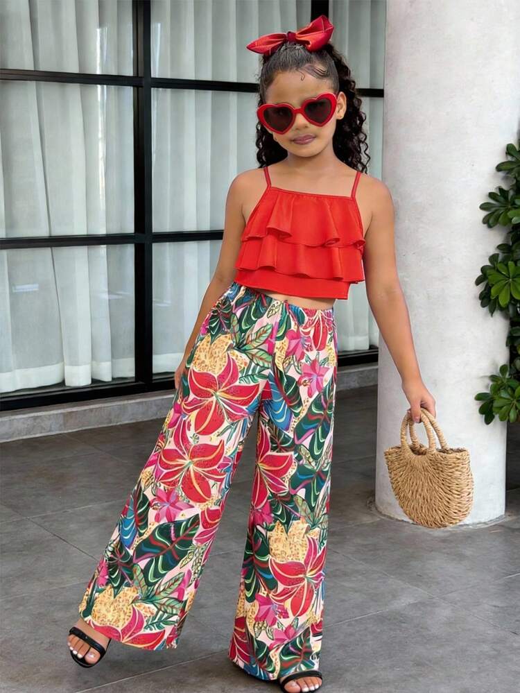 Sparklyn Conjunto de vacaciones para niñas, camiseta de tirantes con volantes en capas + pantalones anchos con estampado floral, y elegante, adecuado para salidas diarias, viajes a la playa, sesiones de fotos - Rojo - Añade 1