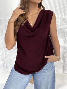 SHEIN Essnce 大码女装春夏时尚休闲宽松舒适清爽基础款日常百搭修身黑色翻领无袖衬衫，简约风格，适合办公室穿着、工作服、复古风、外出穿着，黑色上衣，女士衬衫，垂褶大码衬衫，欧洲夏季，商务休闲女装 - 中紫紅色 - 查看 2