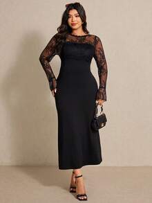 Elaquor Plus Size Women Contrast Lace Round Neck Flare Sleeve Fitted Elegant Dress - Black - View 3