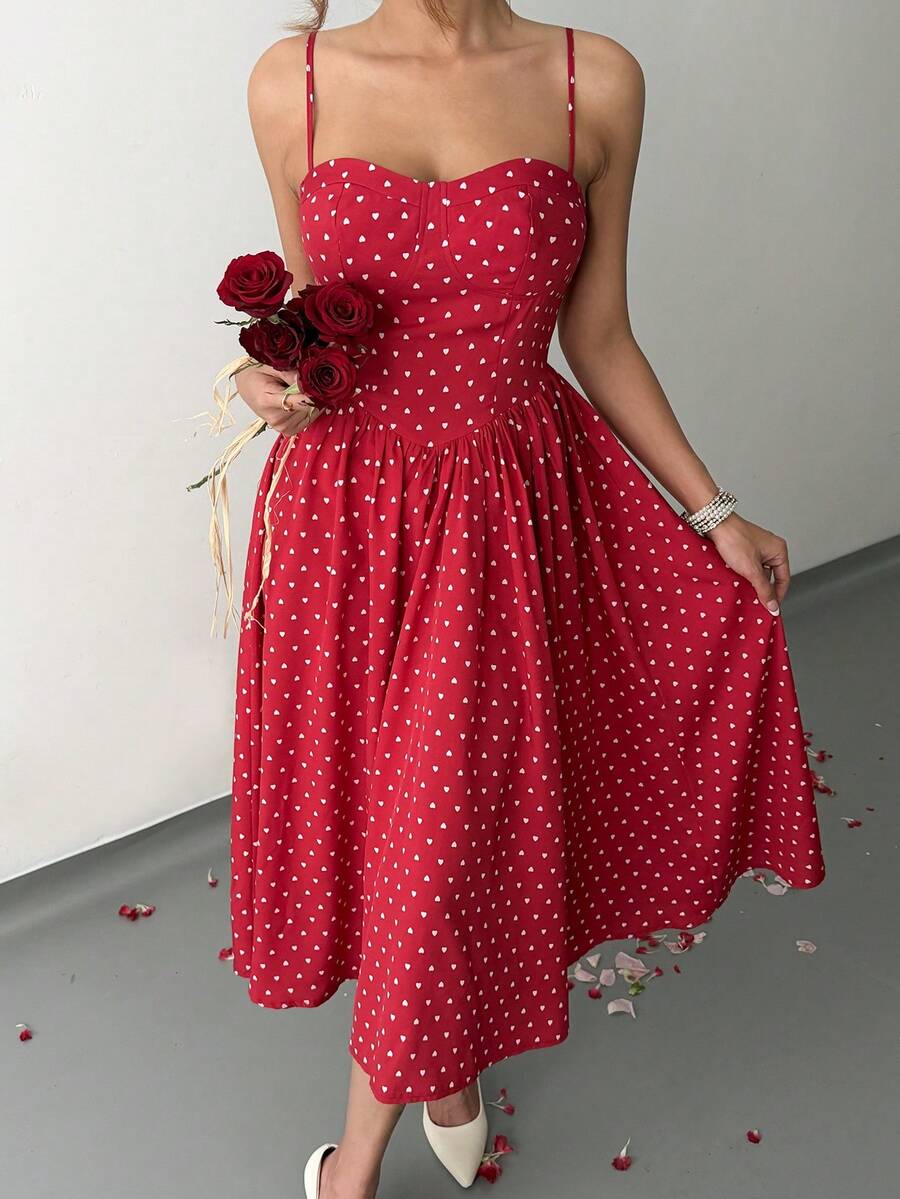 SHEIN Tall Fashionable Versatile Date Party Spaghetti Strap Waist Flared Dress For Women, Autumn/Winter - Red - View 1