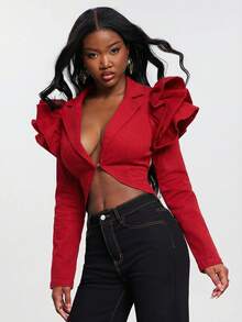 NYA SZN Destiny Jacket Cropped Seaming Long Sleeve Bolero Denim Ruffle Sleeve Stretch Dark Wash Office Business Casual Everyday Concert Western Special Event Party Elevated Raw Denim Classy Elegant Fall Winter Carnival Outfits For Women